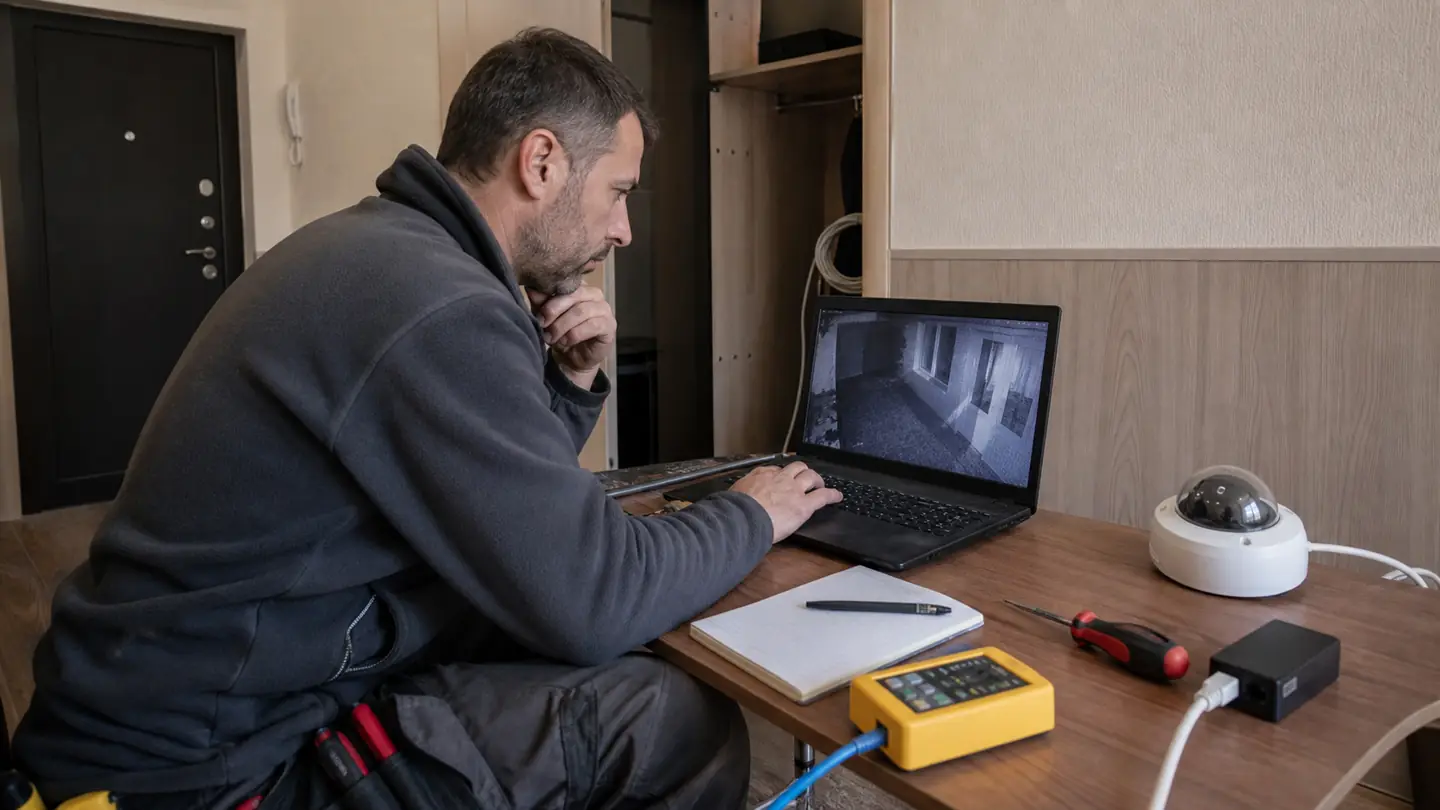 Технік перевіряє погане нічне зображення камери відеонагляду на ноутбуці